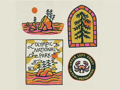 Olympic National Park Illustrations badges beach branding crab illustration merch design mountains ocean olympia pacific northwest pnw retro seattle tree washington