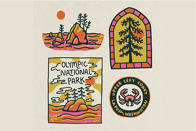 Olympic National Park Illustrations badges beach branding crab illustration merch design mountains ocean olympia pacific northwest pnw retro seattle tree washington