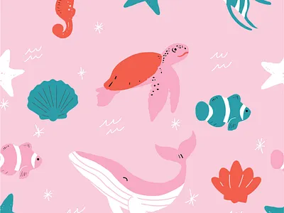 Sea animals baby pattern baby fish horse illustration ocean pattern pink repeat sea sea turtle seamless star surface design surface pattern surface pattern design water whale whales