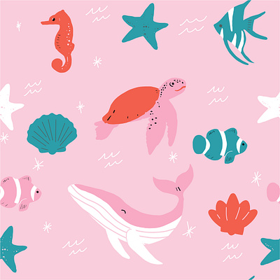 Sea animals baby pattern baby fish horse illustration ocean pattern pink repeat sea sea turtle seamless star surface design surface pattern surface pattern design water whale whales
