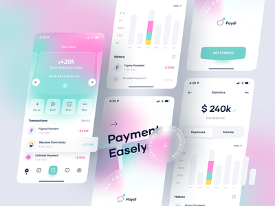 Paydi - Payment Mobile App app app design banking business colorful glassmorphism homescreen income mobile app mobile bank on boarding online payment pay payment product splascreen statistic stats topup transaction