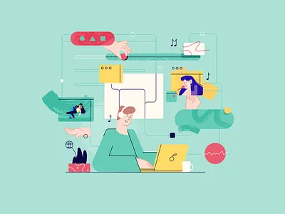 Free time in web 2d character design films flat free time friends illustration music ui vector webdesign