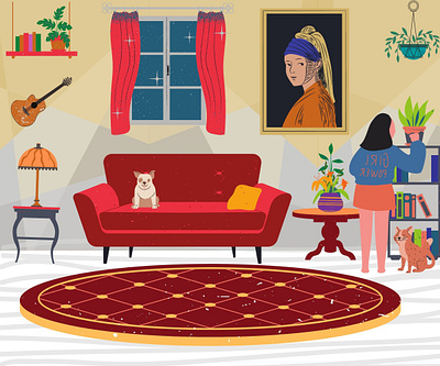 Regular day of the " Lady of home " adobe photoshop cartoon illustration cat colorful creative design design digital art digitalart dog illustration girl character girl illustration guiter holiday design home illustration illustrator nature illustration regular day vases vector