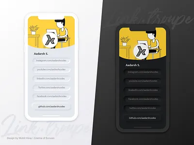 Link.Troupe : A simpler way for links in bio. adobe advertising app blackandwhite dailyui dark mode design light mode link link in bio linkinbio logo mockup mockup idea neomorphism typography ui ux web