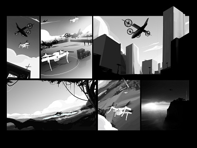 Drone Storyboards air black digital painting digitalart drones flying illustration logistics mobility sketch tones urban mobility values white