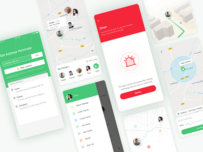 Geostar_loaction address app design family friend google maps green illustration invite location logo map red siren track ui 插图