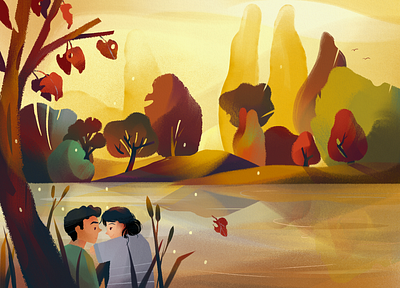 Fall autumn autumn leaves character illustration couple fall colors golden hour landscape illustration sunset trees