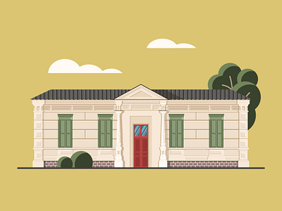 Historic house architecture brick building clouds columns design exterior facade flat front door historic home house illustration trees vector windows