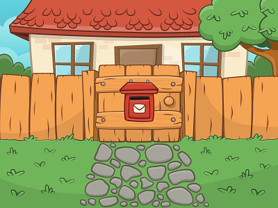 Cartoon house background illustration (another color variant) 2d art 2d game cartoon art cartoon game cartoon house cartoon illustration cartoon mailbox cartoon style cartoon tree cartoonish game art game design game development house illustration letterbox mailbox tree vector illustration wooden fence