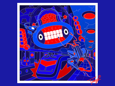 Invade blue city flat illustration flatdesign illustration man mecha metro monster photoshop red spaceship train