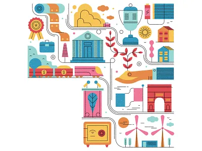 Winner Take All economics editorial finance graphic growth iconography icons illustration money renewable energy resources texture train trophy vector