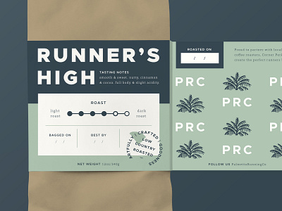 Runner's High Coffee Label - Pt. 3 bag coffee coffee label coffee packaging dark roast green high label label design low country package design packaging palm tree palmetto pattern roasted run runner south carolina stamp