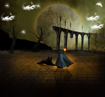 The witch and her kitten compositing illustration manipulations photoshop