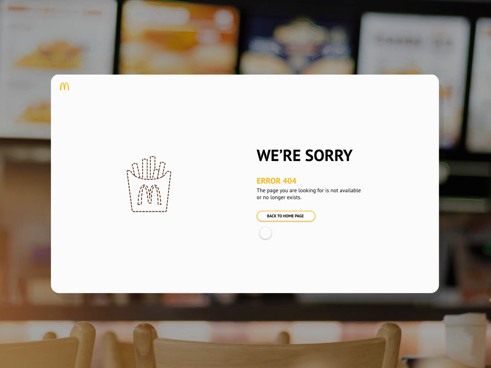 Error 404 404 error page animation concept design dailyui error 404 mcdonalds redesign concept uichallenge uidesign