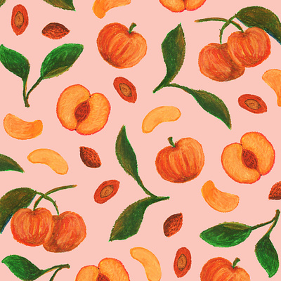 Peach Summer Harvest botanical illustration fruits handmade illustration juicy nature oil pastels painting pattern design pink polkadots repeat pattern summer surface pattern designer textile design texture