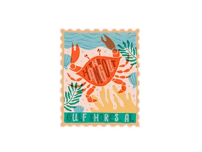 The Hangout Stamp beach coral crab design gulf shores hang loose illustration sand sea sea weed shells texture the hangout type typography