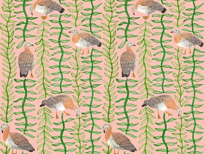 Wild Geese Pattern animals birds botanical illustration ducks feathers geese handmade home decor illustration leaves nature pattern design pink repeat pattern springtime striped summer surface pattern designer textile design wildlife illustration