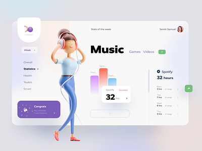 Usage management app 3d app blue dashboard design girl graph management minimal mobile moden music purple song statistics trendy ui ui design ux web