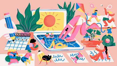 Work in Summer character colourful flat flatillustration illustration people summer working space