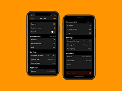 Add Food Item app dark diet food ios macros mobile nutrition ui user interface