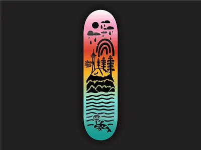 35th North Submission clouds design illustration mount rainier mountain mountains northwest orca pnw puget sound rain rainbow skate skateboard skateboard graphics space needle trees water