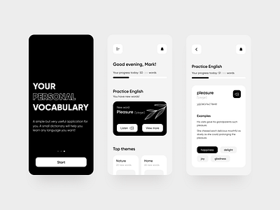 Your personal vocabulary App bnw design figma minimal simple ui