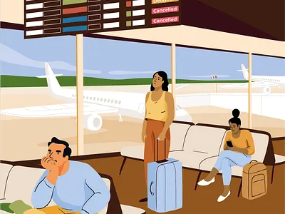 Travelling during Covid 19 airoport airplane character delay design graphic illustration man mobile pastel plane vector waiting woman women