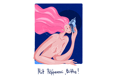 Mit Pepperoni, Bitte! character girl illustration mermaid pizza postcard postcard design procreate