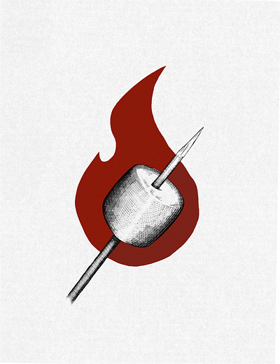 Flaming Marshmallow #5 camping childrens illustration engraving fire food illustration linoleum marshmallow smores woodcut