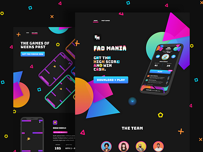 Fad Mania Site aesthetic dark dark mode fad game game design game ui game website games gameshow mania minigame neon quiz shapes ui web web design web game website