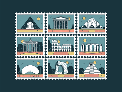 Landmarks Icon set no.1 architecture branding buildings chicago china city colosseum design german icon set illustration italy landmarks piramid rome stamp stonehenge sunset symbol travel trees