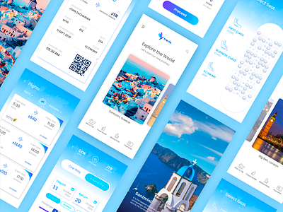 Flight booking app android blue blue and white card design explore flight booking illustration ios mobile app mobile ui tour travel trip trip planner ui ux vibrant world