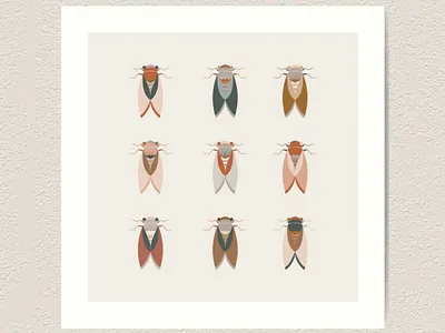 Cicadas in organic earth colors animal artwork beetle cicada design flat fly flying geometric illustration illustrator insect logo minimal pattern printshop surfacedesign vector wings