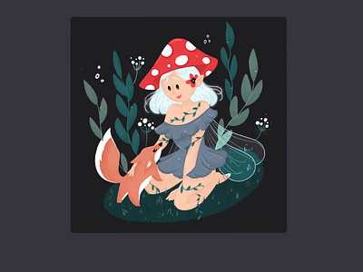 Mushroom girl with the little fox 2d character art characterdesign childrens illustration digital painting digital2d drawing drawingart fairy forest girl illustration magical procreate art procreateillustration