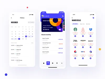 Mamoobank - Light mode & Dark mode bank card banking app calendar chart clean ui deal finance fintech fintech app home screen illustrator onboarding splash statistics ui ui design ui kit ui ux wallet wallet app