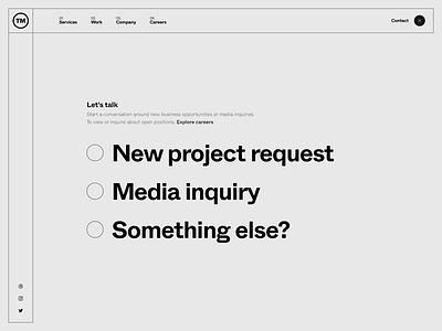 TM Website — 006 animation contact form form input input field inputs javascript motion portfolio radio button radio buttons transition