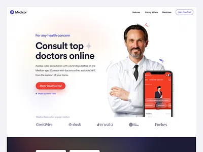 Medicor - Doctor Video Consultation SaaS Website app app landing design hero area hero section homepage interface landing page meeting mobile app saas software startup template tool ui ui kit video conference website