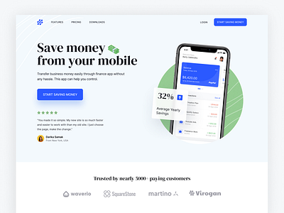 Fintech SaaS Landing Page app app landing design desktop finance fintech hero section homepage interface landing page mobile money payment saas software startup transfer ui web app website