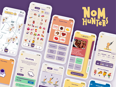 NomHunters | Mobile Game App Design app avatar badges characters customisation design food game graphic design layout leaderboard lore map mobile product rankings ui user experience user interface ux