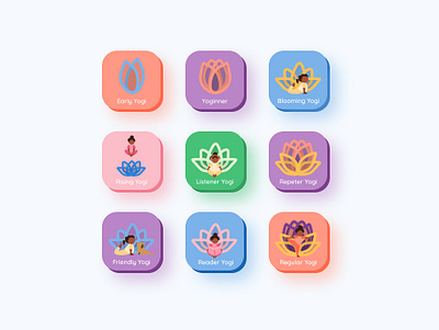 Yoga for Kids Badges achievement attire badge blooming character colors costume friendly girl illustration listener mascot reader repeter rising yoga for kids yogi yoginner