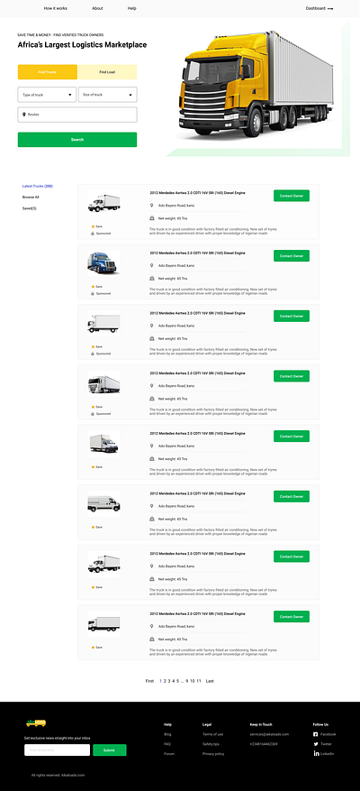 Homepage for a Truck Marketplace logistics marketplace trucking