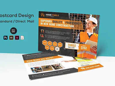 Construction Direct mail Postcard advertisement air condition construction creative creative design design direct mail engineering equipment flexible handyman improvement industrial marketing postage postcard postcard design professional repair