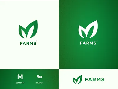 M Farms Logo branding fruits green icon identity leaf logo letter m logo lettermark logo m farms minimal monogram letter mark monogram logo packaging print design ptint typography vector vegetables