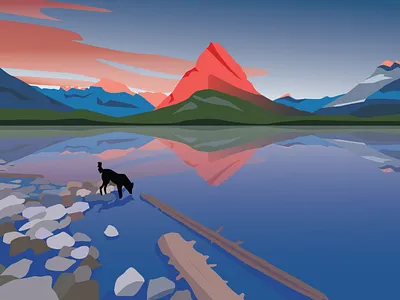 Sunrise on the lake art banner blue design dog doggy flat graphics illustration lake landscape landscape design minimalistic mountain poster sunrise sunset vector water