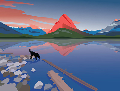 Sunrise on the lake art banner blue design dog doggy flat graphics illustration lake landscape landscape design minimalistic mountain poster sunrise sunset vector water