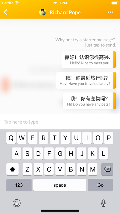 Starter Messages for Language Learning chat conversation design e learning edtech ios language language learning linguistic messages mobile product design