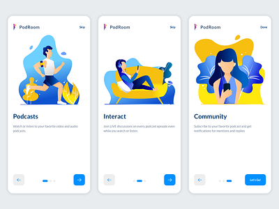 podroom Onboarding illustration mobile design mobile ui onboarding onboarding screens onboarding ui podcast podcasting podcasts ui ux