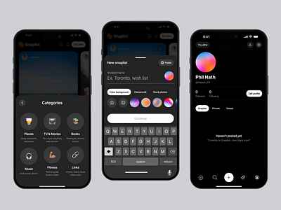 Snaplist - Categories & Profile app design fun app media app mobile app sharing app social app social media app travel app