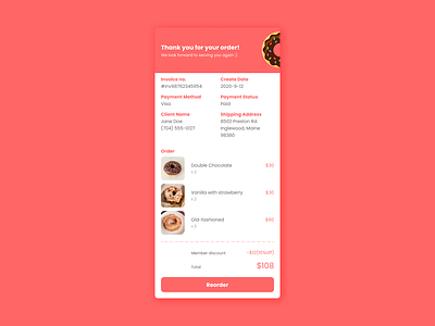 Daily UI:: 046 - Invoice dailyui design donut food food order invoice invoice design mobile ui