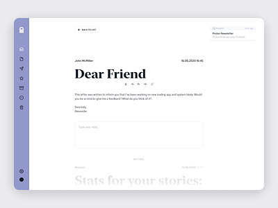Proton Reading Mails [01] clean experiment light mail mail app message minimal notification product design proton protonmail purple redesign rounded corners series serif simple typogaphy white